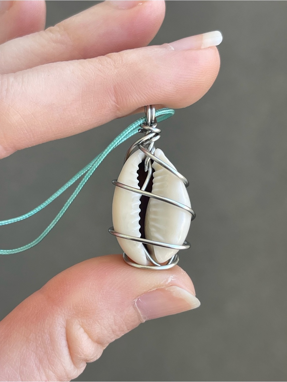 Cowrie Shell Pendant Necklace with Stainless Steel Wire Wrap Aqua Nylon Cord